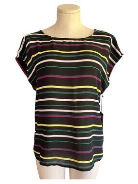 Vince Camuto Black Striped Short Sleeve Blouse with Multicolor Bands